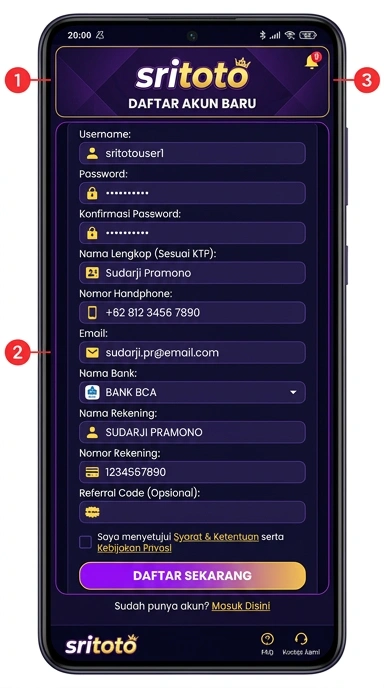 Buat Akun Baru Sritoto untuk Pengguna Android